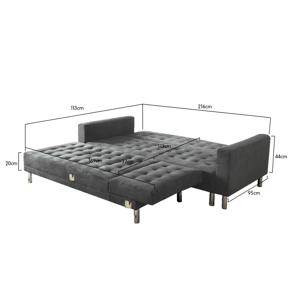 Sarantino Faux Velvet Corner Wooden Sofa Bed Couch with Chaise - Grey - Cosy Abode