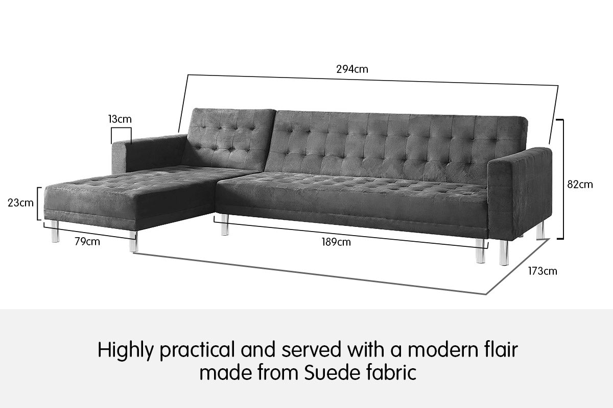 Sarantino Faux Velvet Corner Wooden Sofa Bed Couch with Chaise - Grey - Cosy Abode