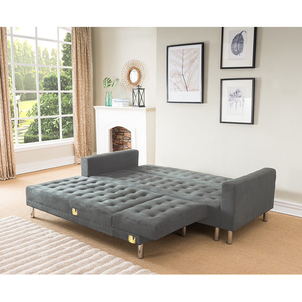 Sarantino Faux Velvet Corner Wooden Sofa Bed Couch with Chaise - Grey - Cosy Abode