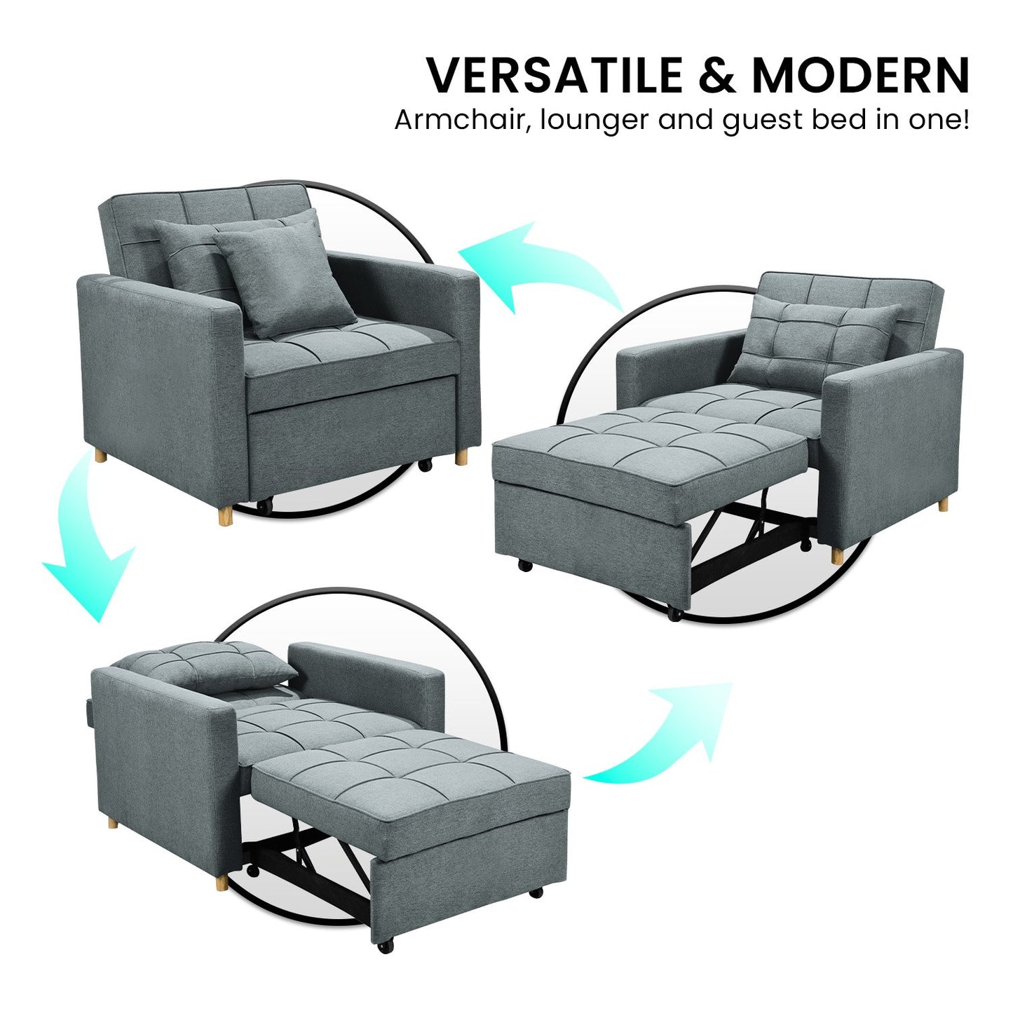 Sarantino Suri 3-in-1 Convertible Sofa Chair Bed - Airforce Blue - Cosy Abode