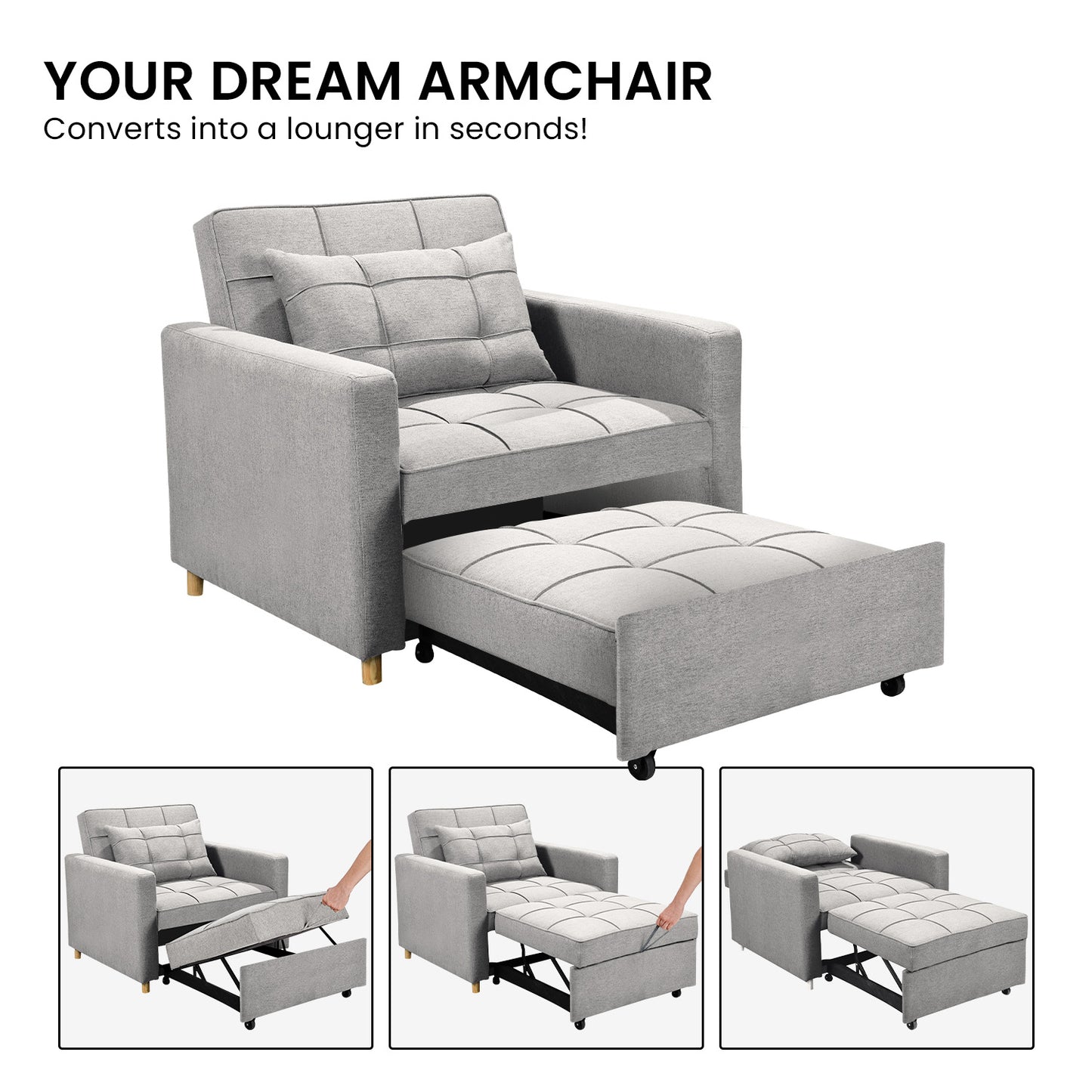 Sarantino Suri 3-in-1 Convertible Sofa Chair Bed Lounger - Light Grey - Cosy Abode