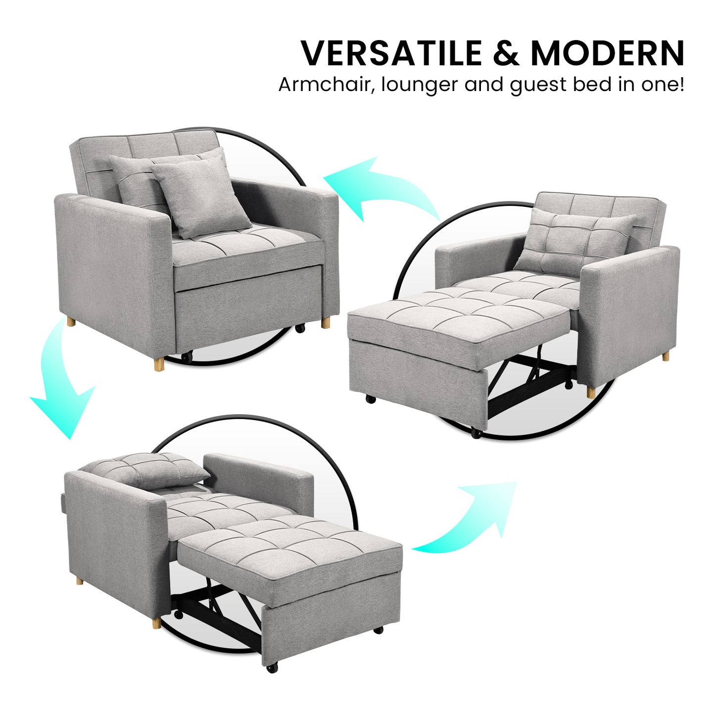 Sarantino Suri 3-in-1 Convertible Sofa Chair Bed Lounger - Light Grey - Cosy Abode