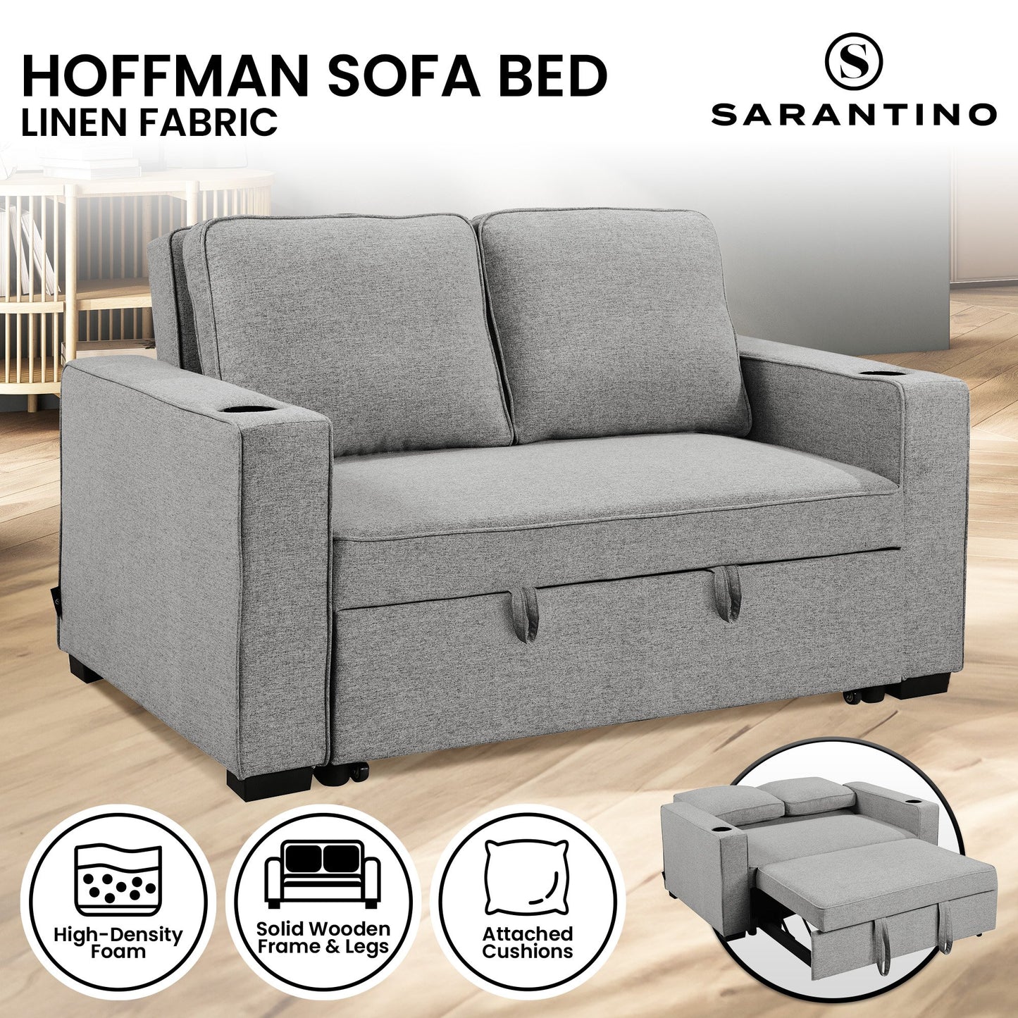 Sarantino Hoffman Linen Sofa Bed Chair With Cushions &cup Holders Light Grey - Cosy Abode