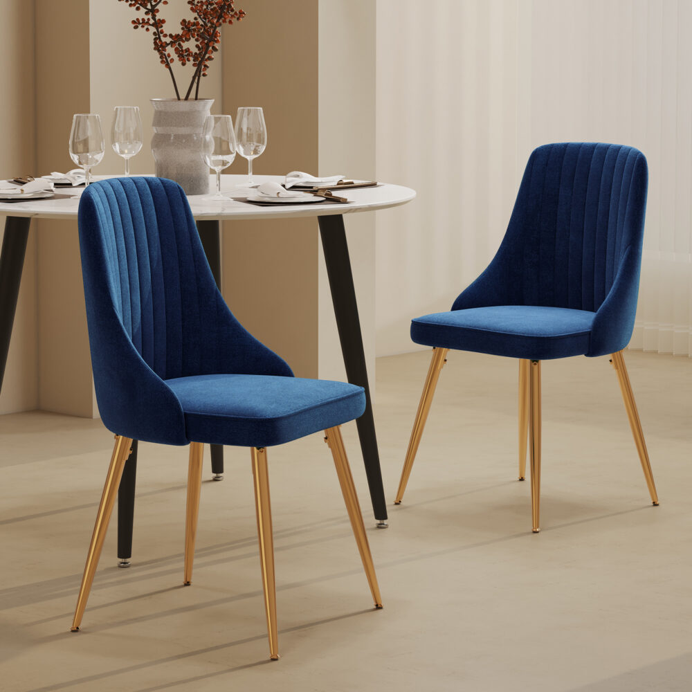 Viva Forever Set of 2 Blue Velvet Dining Chairs – Art Deco Design with Gold Metal Legs - Cosy Abode