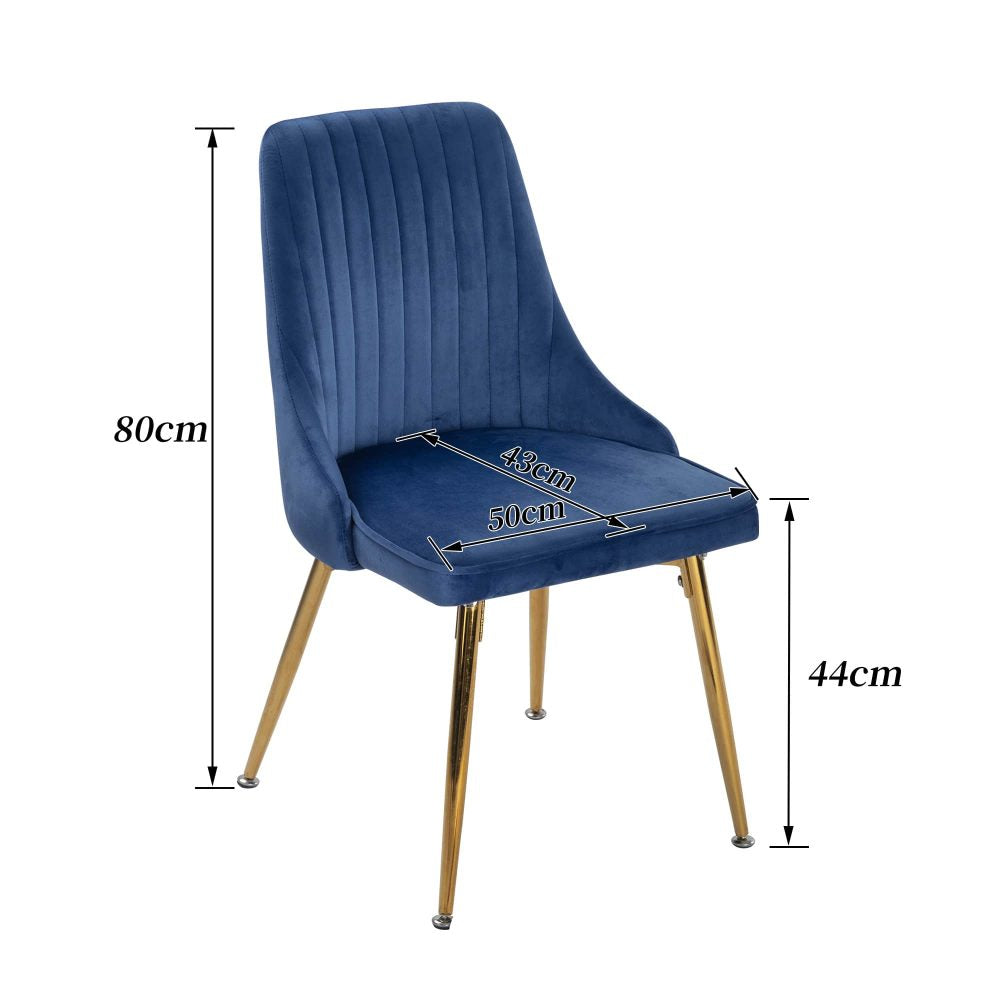 Viva Forever Set of 2 Blue Velvet Dining Chairs – Art Deco Design with Gold Metal Legs - Cosy Abode