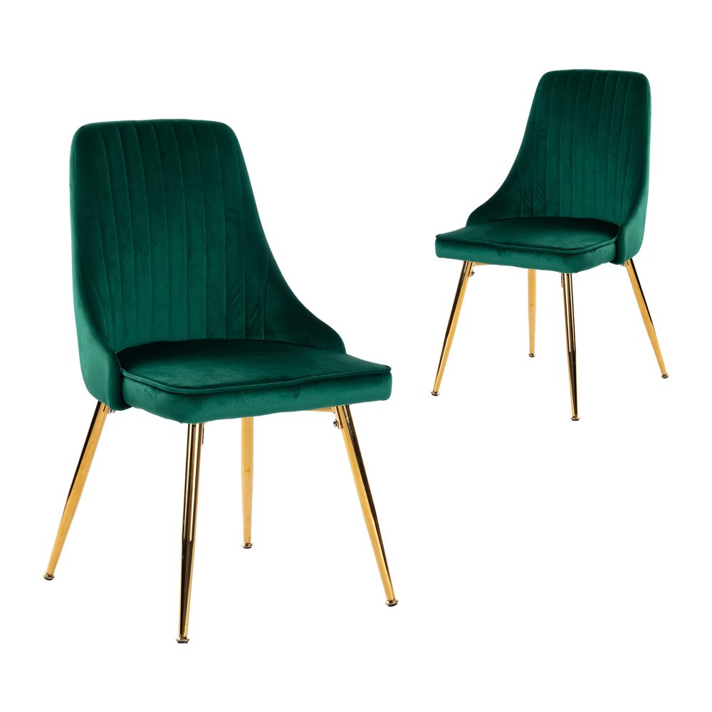 Viva Forever Set of 2 Green Velvet Dining Chairs-Art Deco Design with Gold Metal Legs - Cosy Abode
