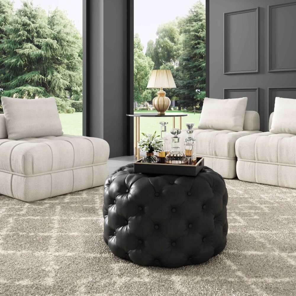 Contemporary Black Leather-look Ottoman with Button - Cosy Abode