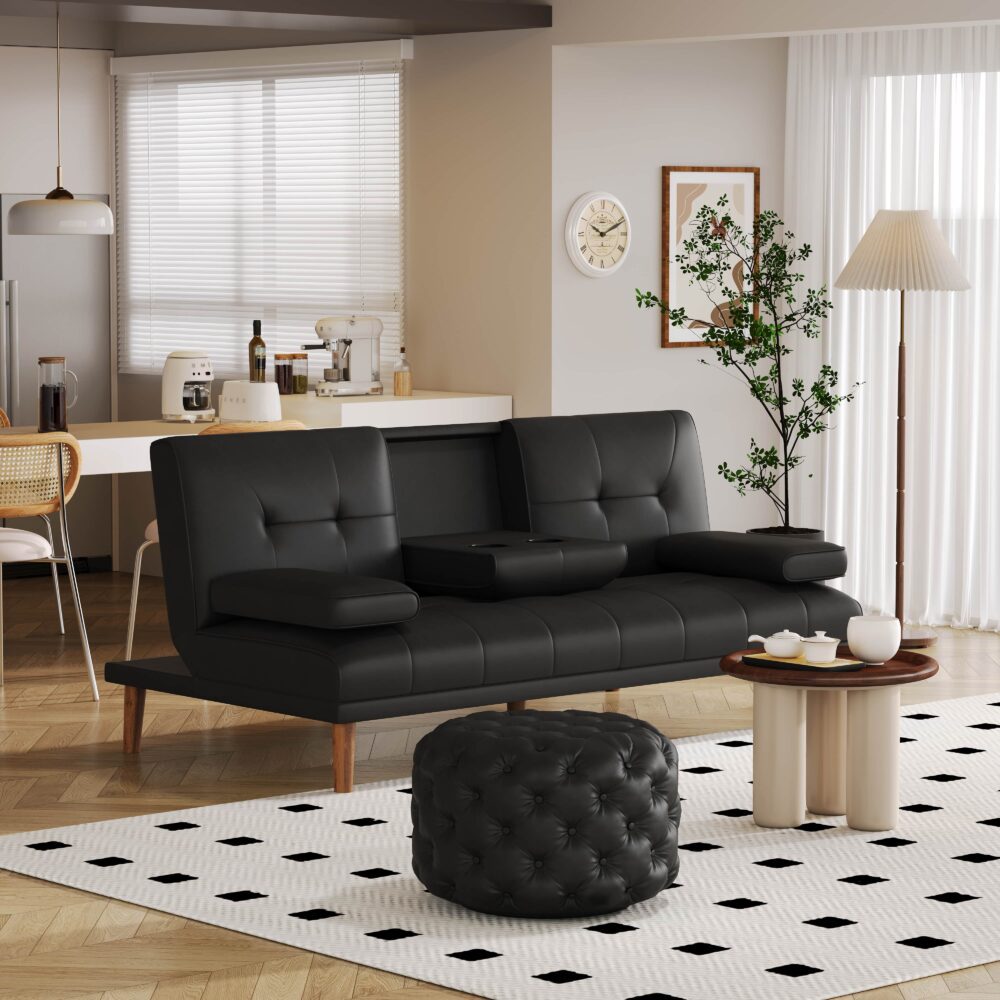 Contemporary Black Leather-look Ottoman with Button - Cosy Abode