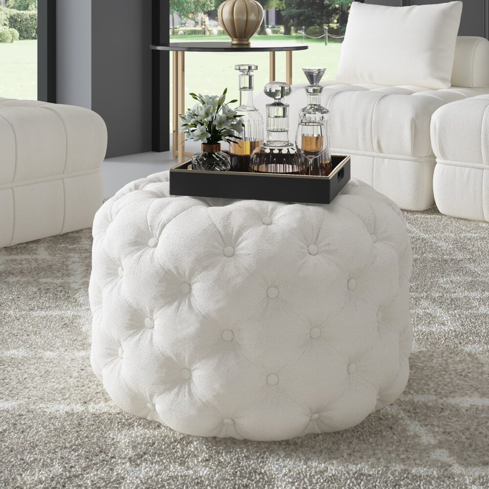 Bouclé White Ottoman-Round - Cosy Abode