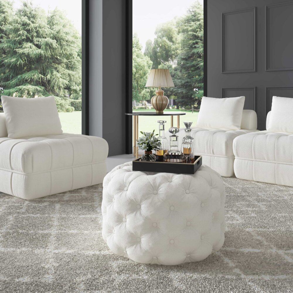 Bouclé White Ottoman-Round - Cosy Abode
