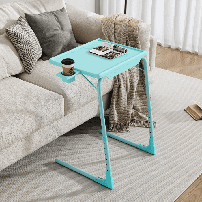Foldable Table Adjustable Tray Laptop Desk with Removable Cup Holder-Turquoise - Cosy Abode