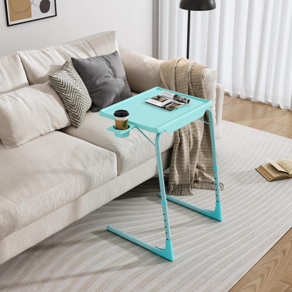 Foldable Table Adjustable Tray Laptop Desk with Removable Cup Holder-Turquoise - Cosy Abode