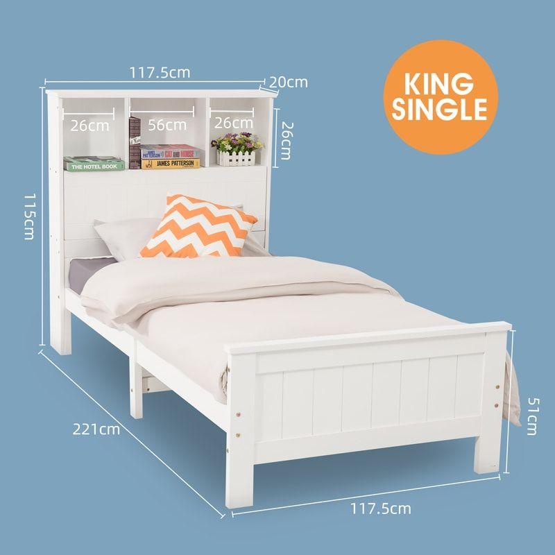 King Single Solid Pine Timber Bed Frame with Bookshelf Storage Headboard- White - Cosy Abode