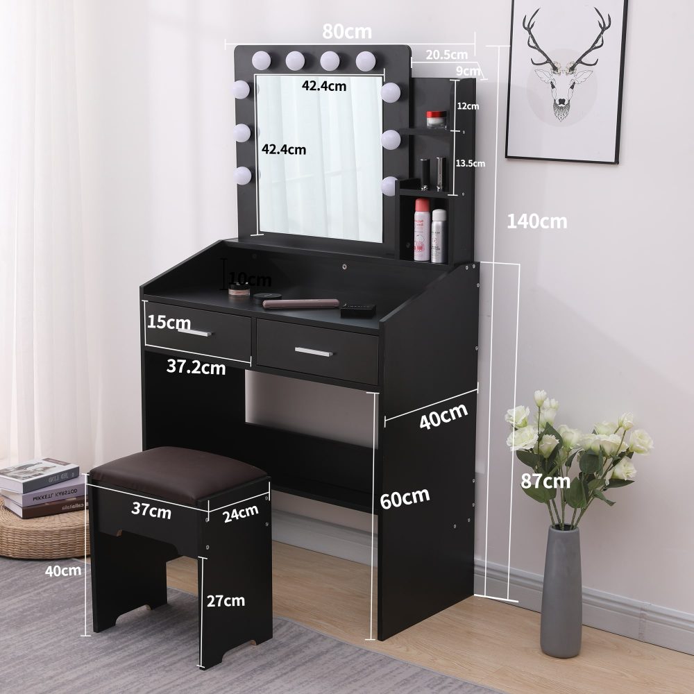 Diana Vanity Set with Shelves Cushioned Stool and Lighted Mirror- Black - Cosy Abode