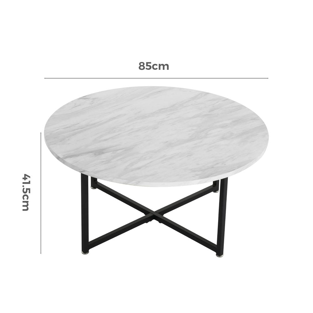 White Marble Effect Round Coffee Table with Black Legs - Cosy Abode