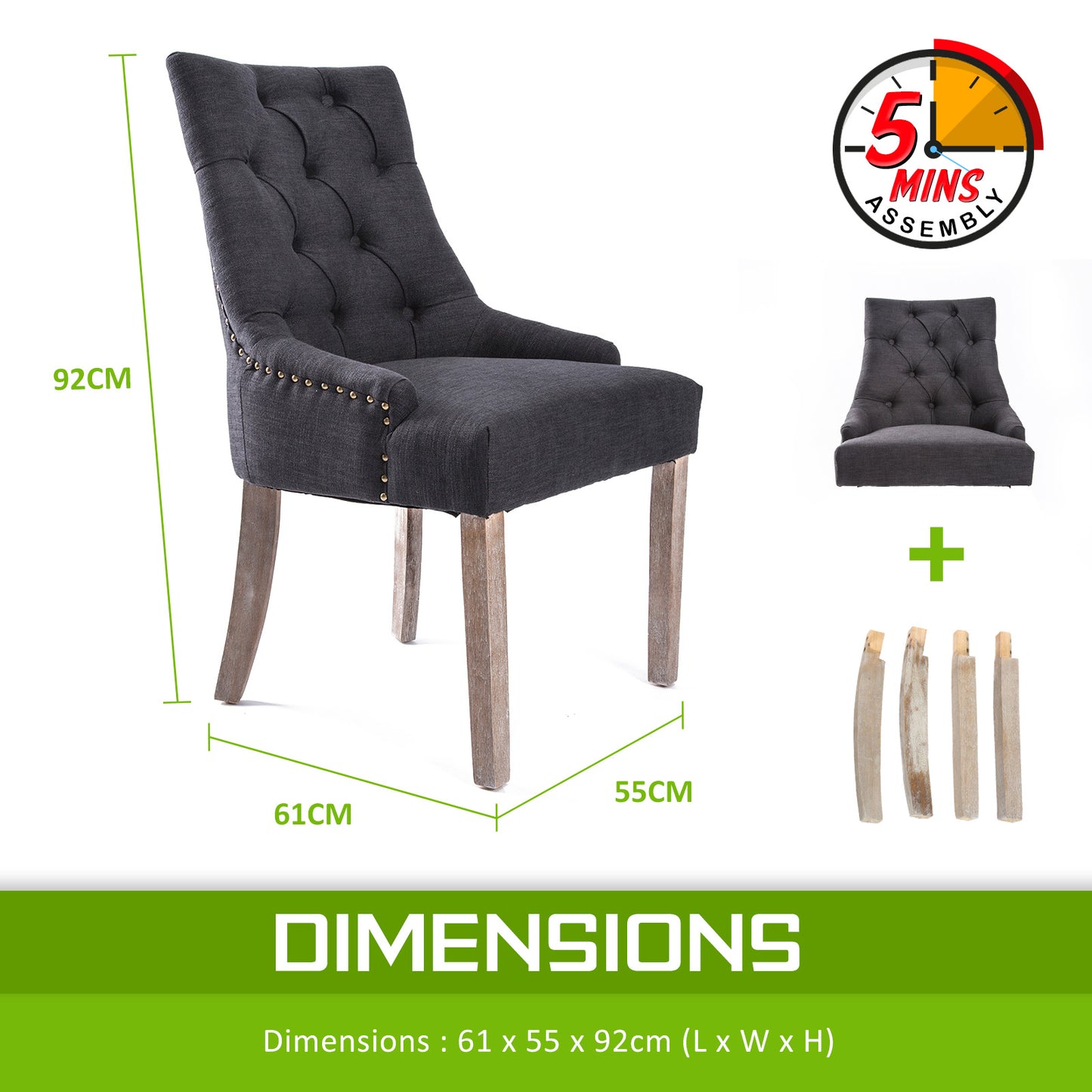 French Provincial Dining Chair Oak Leg AMOUR BLACK - Cosy Abode