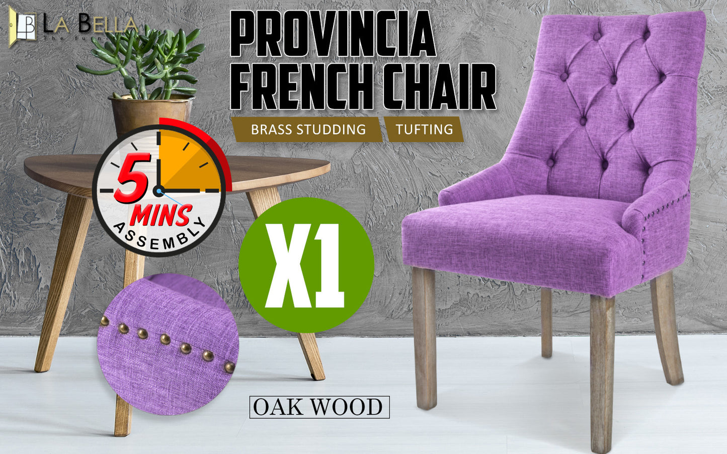 French Provincial Dining Chair Oak Leg AMOUR VIOLET - Cosy Abode