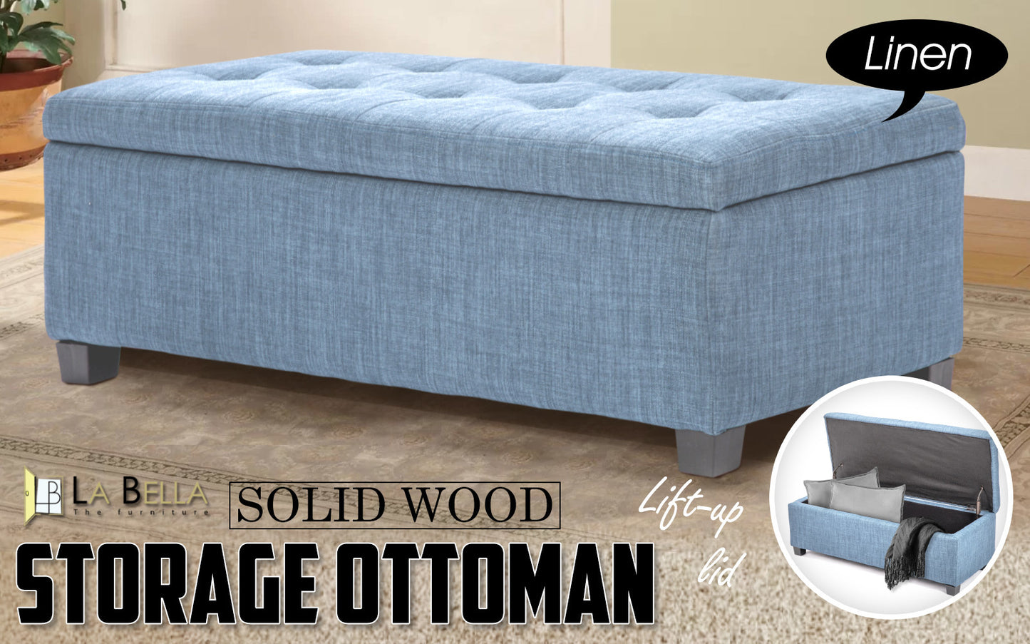 Storage Ottoman Stool 102cm Fabric LIGHT GREY BLUE - Cosy Abode