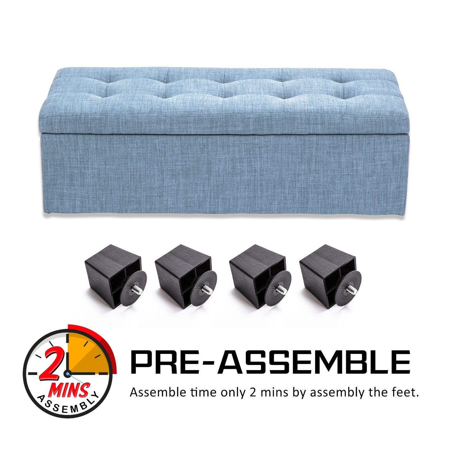 Storage Ottoman Stool 102cm Fabric LIGHT GREY BLUE - Cosy Abode