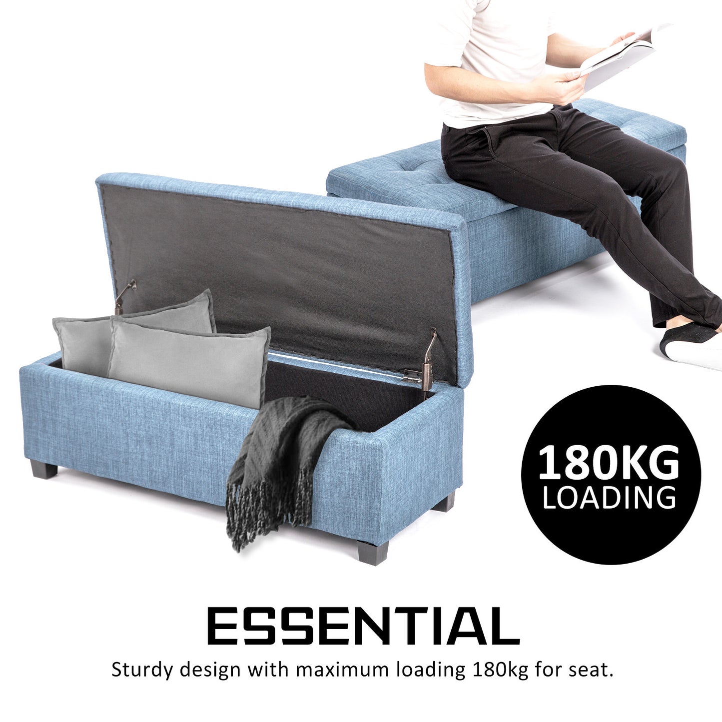 Storage Ottoman Stool 102cm Fabric LIGHT GREY BLUE - Cosy Abode