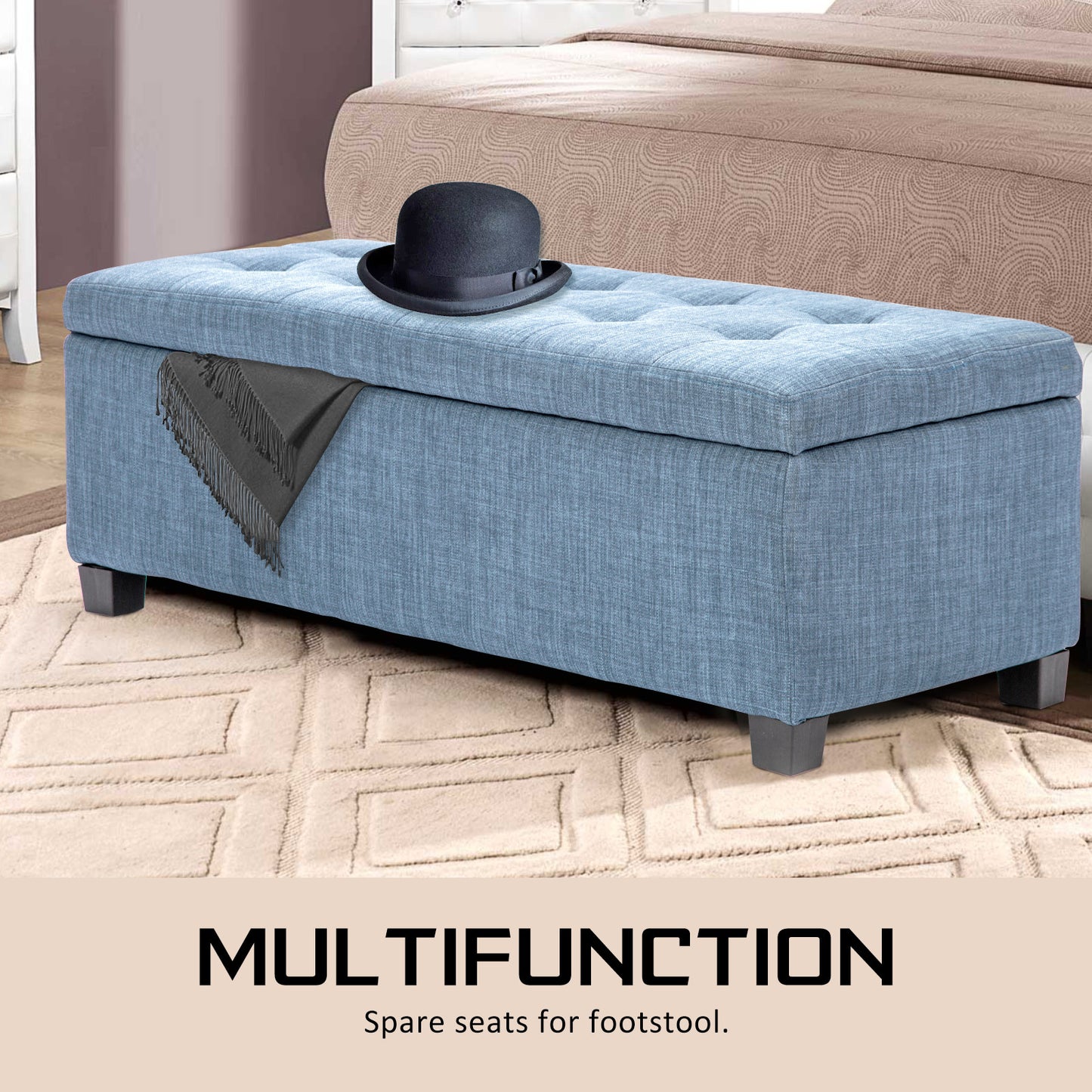 Storage Ottoman Stool 102cm Fabric LIGHT GREY BLUE - Cosy Abode