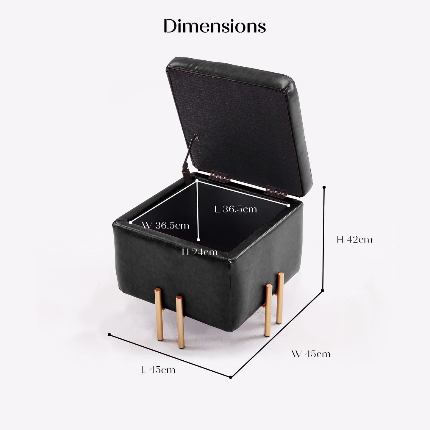 Storage Ottoman Foot Stool Cube Tuffet Seat 45cm PU Leather BLACK - Cosy Abode