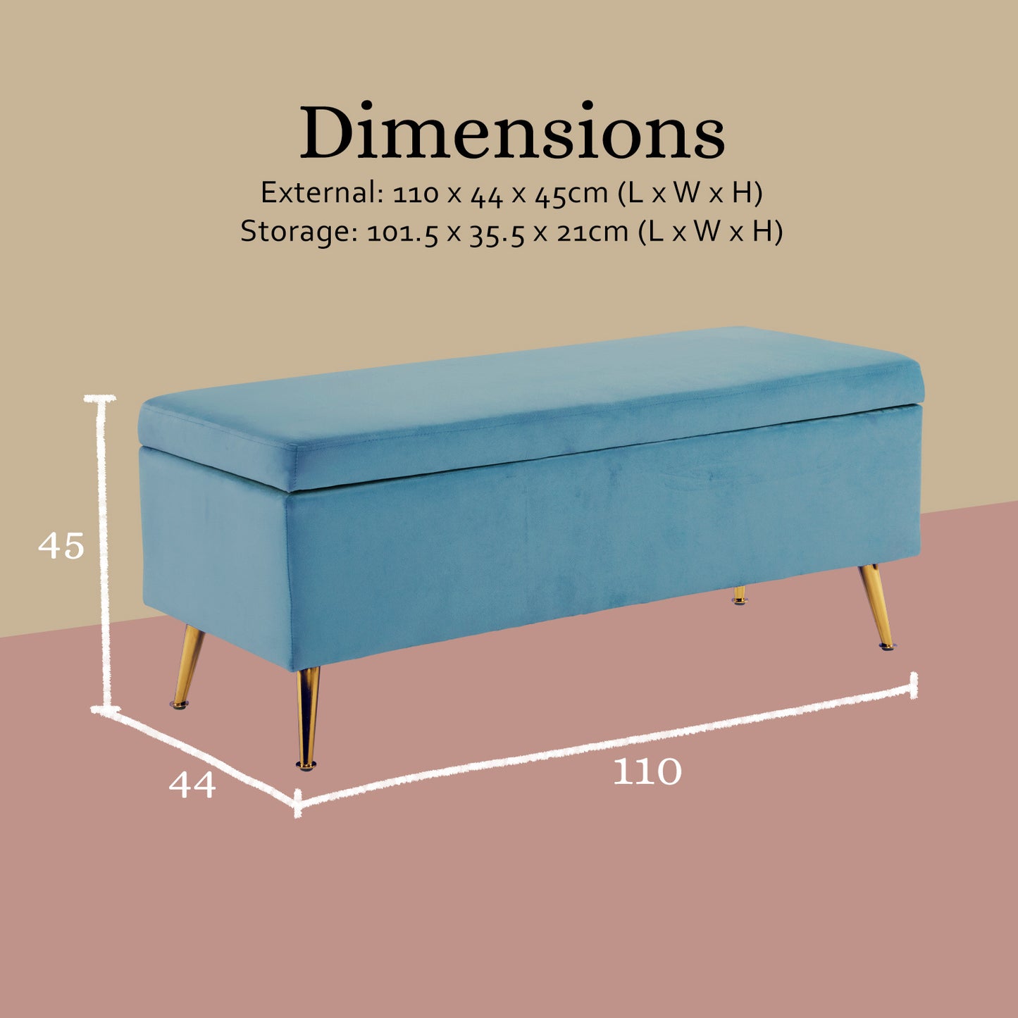 Storage Ottoman Stool Bench Seat 110cm Velvet OCEAN BLUE - Cosy Abode
