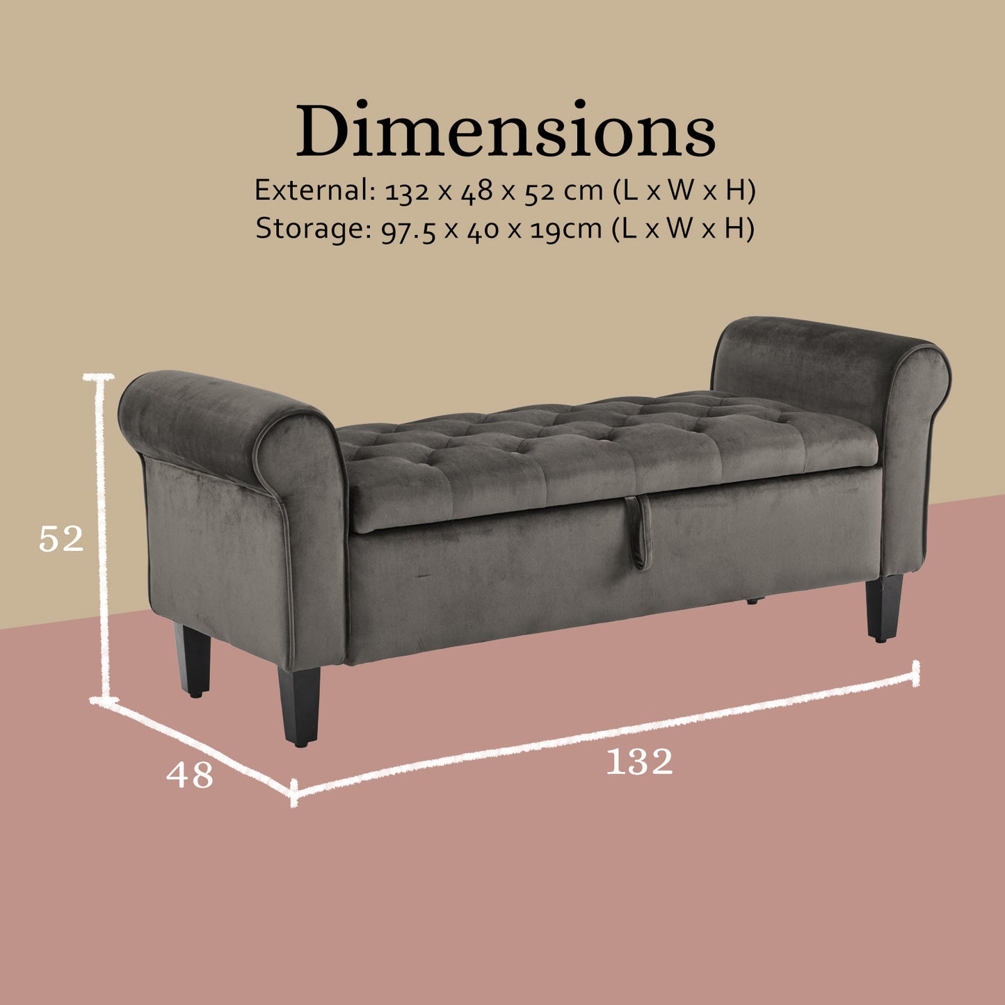 Storage Ottoman Stool Arm Bench Seat 132cm Velvet GREY - Cosy Abode