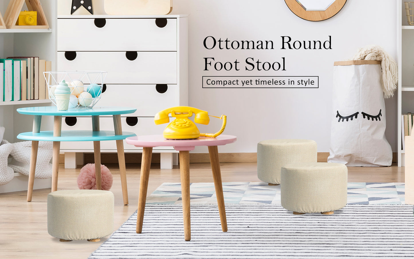 Fabric Ottoman Round Wooden Leg Foot Stool - BEIGE - Cosy Abode