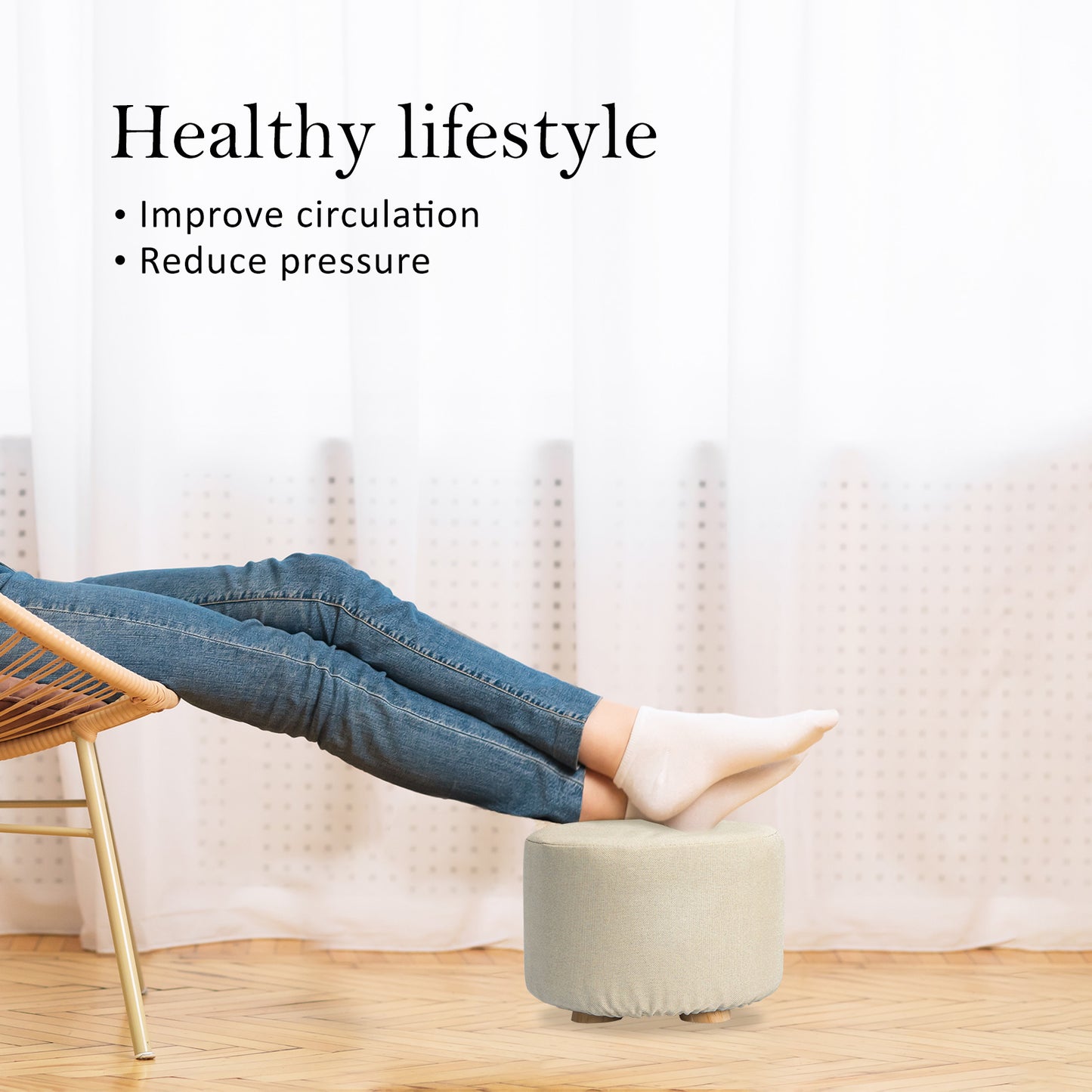 Fabric Ottoman Round Wooden Leg Foot Stool - BEIGE - Cosy Abode