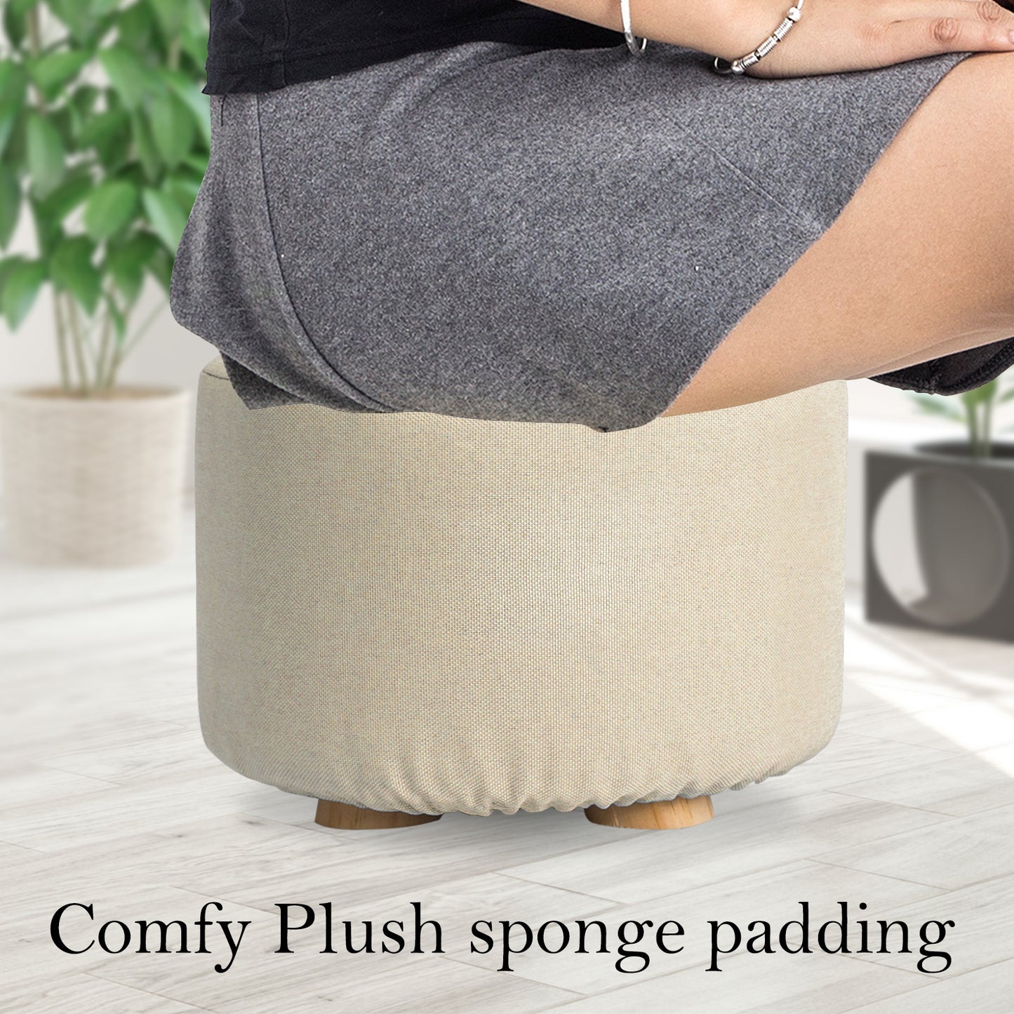 Fabric Ottoman Round Wooden Leg Foot Stool - BEIGE - Cosy Abode