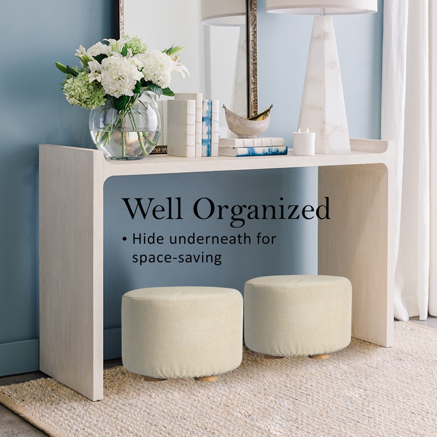 Fabric Ottoman Round Wooden Leg Foot Stool - BEIGE - Cosy Abode