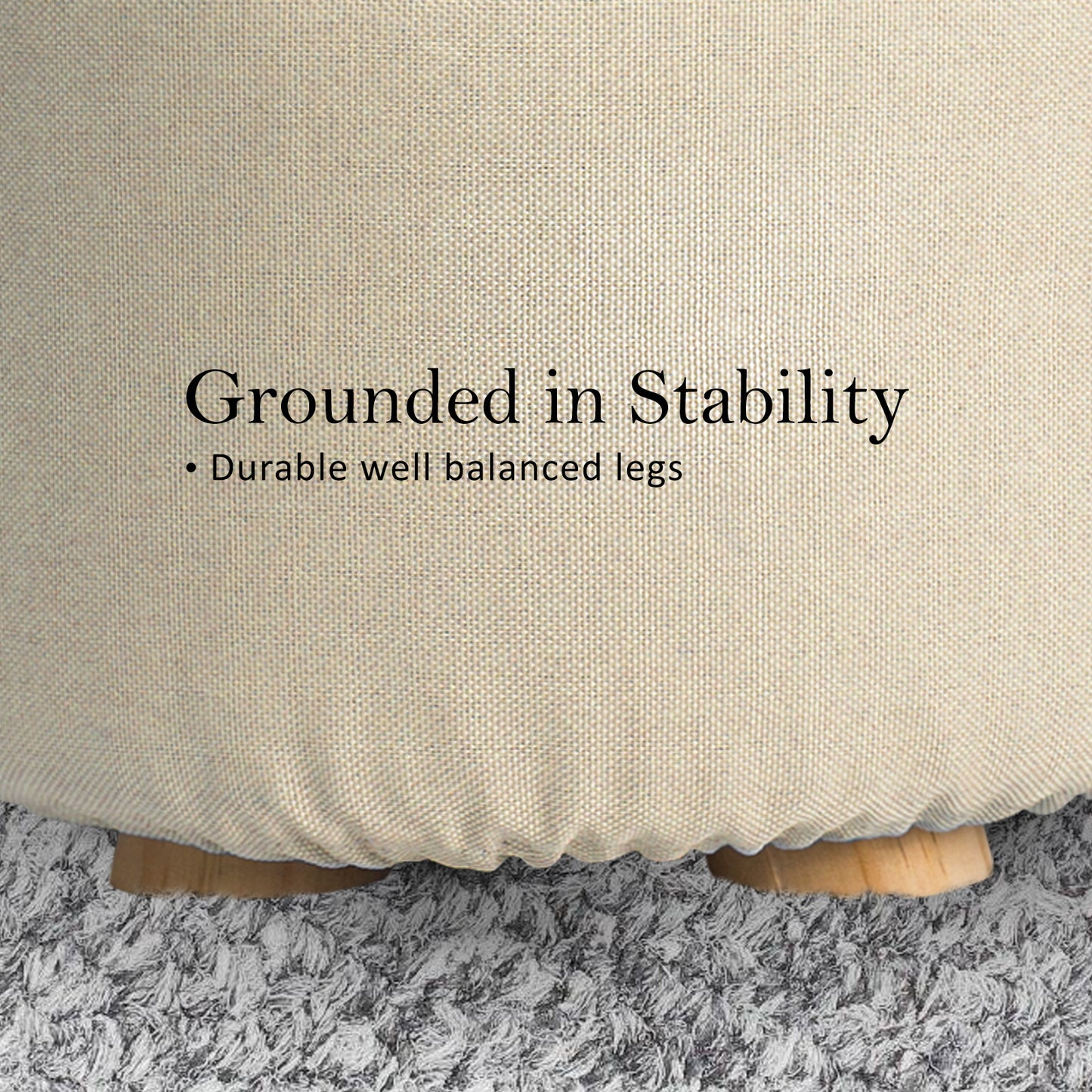 Fabric Ottoman Round Wooden Leg Foot Stool - BEIGE - Cosy Abode