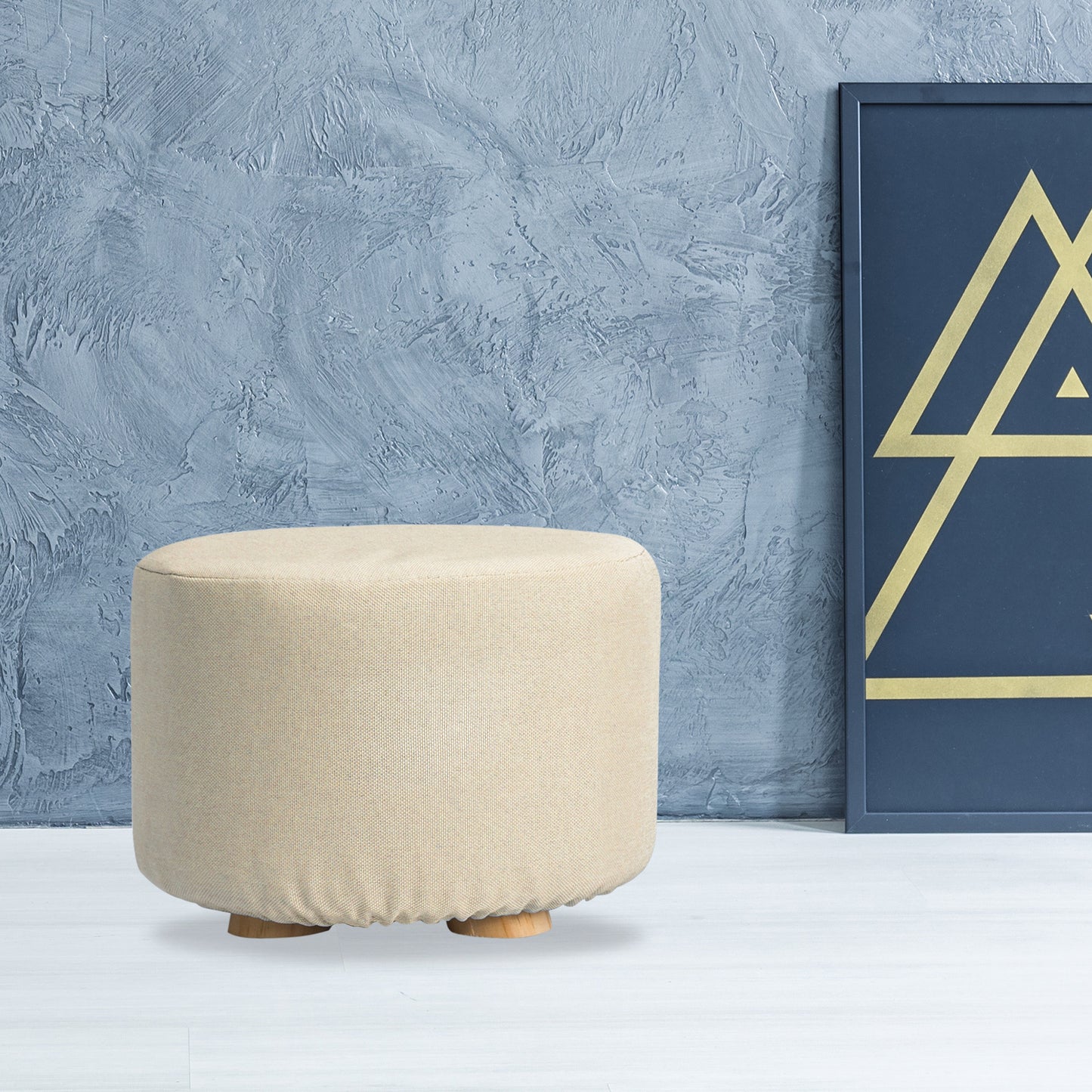 Fabric Ottoman Round Wooden Leg Foot Stool - BEIGE - Cosy Abode