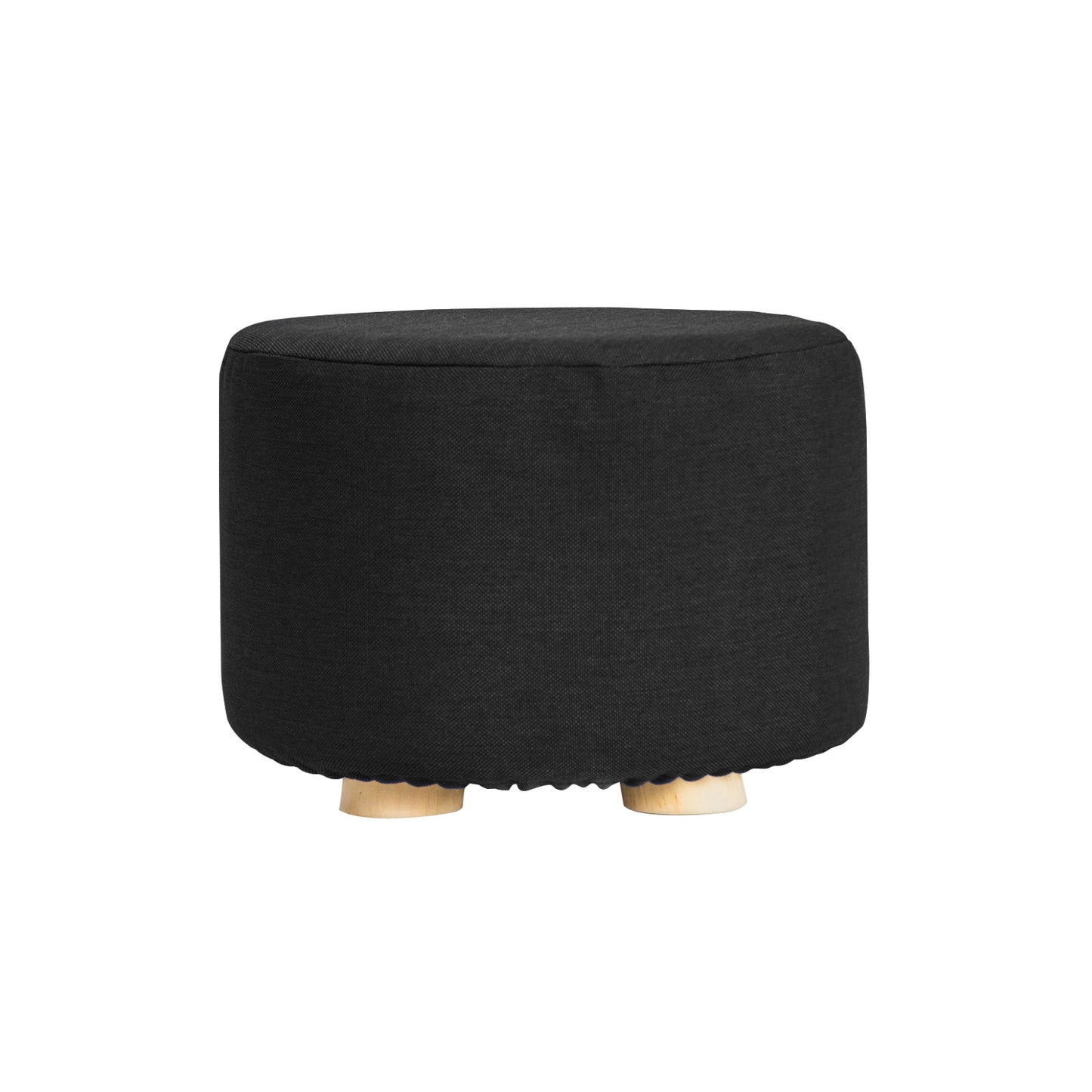 Fabric Ottoman Round Wooden Leg Foot Stool - BLACK - Cosy Abode