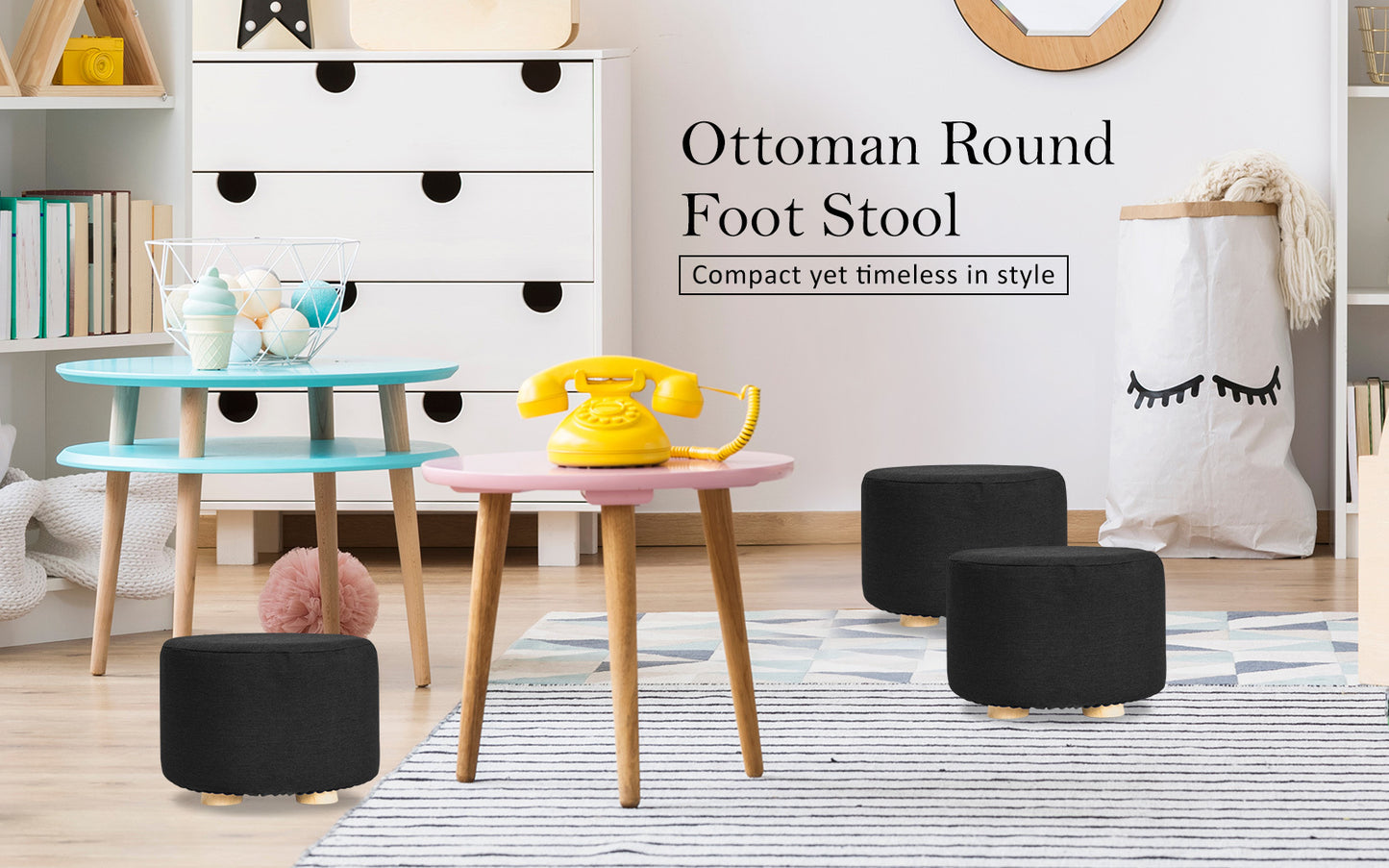 Fabric Ottoman Round Wooden Leg Foot Stool - BLACK - Cosy Abode