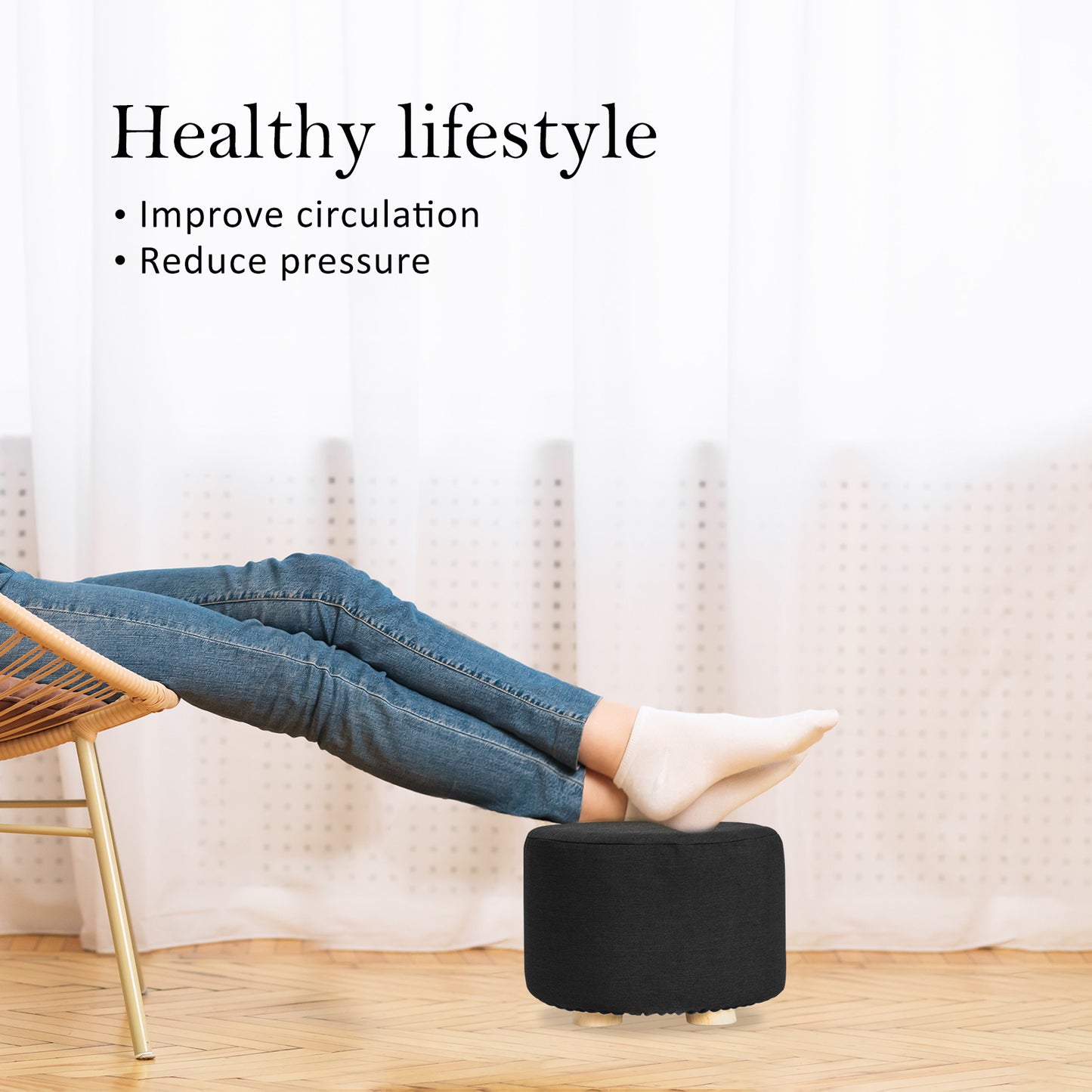 Fabric Ottoman Round Wooden Leg Foot Stool - BLACK - Cosy Abode