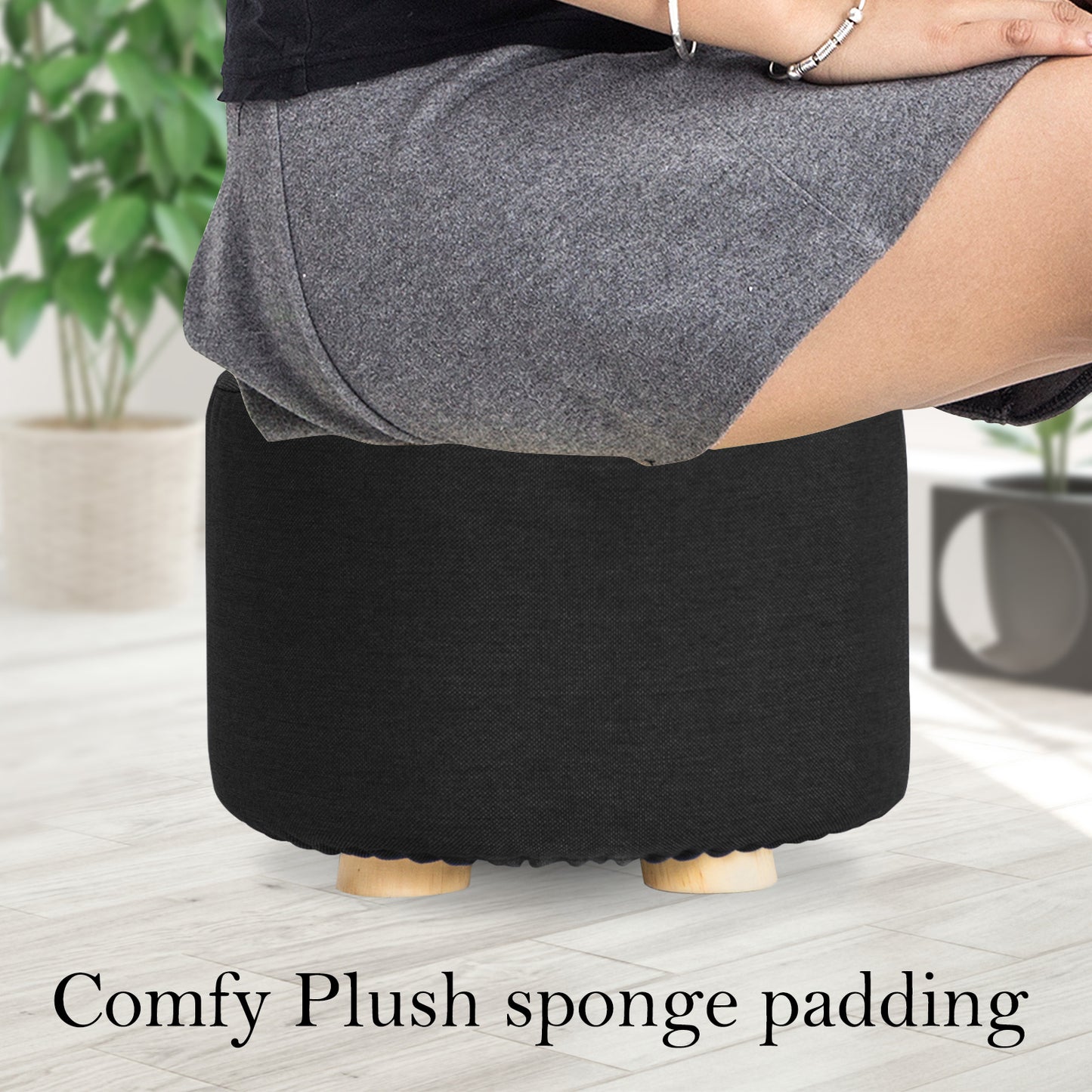 Fabric Ottoman Round Wooden Leg Foot Stool - BLACK - Cosy Abode