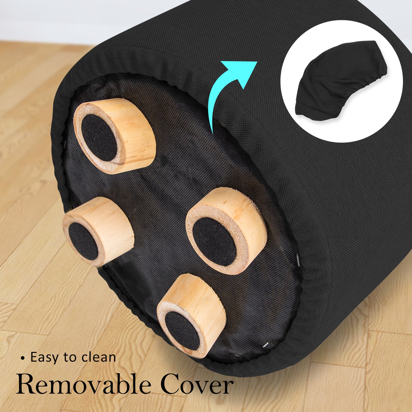 Fabric Ottoman Round Wooden Leg Foot Stool - BLACK - Cosy Abode