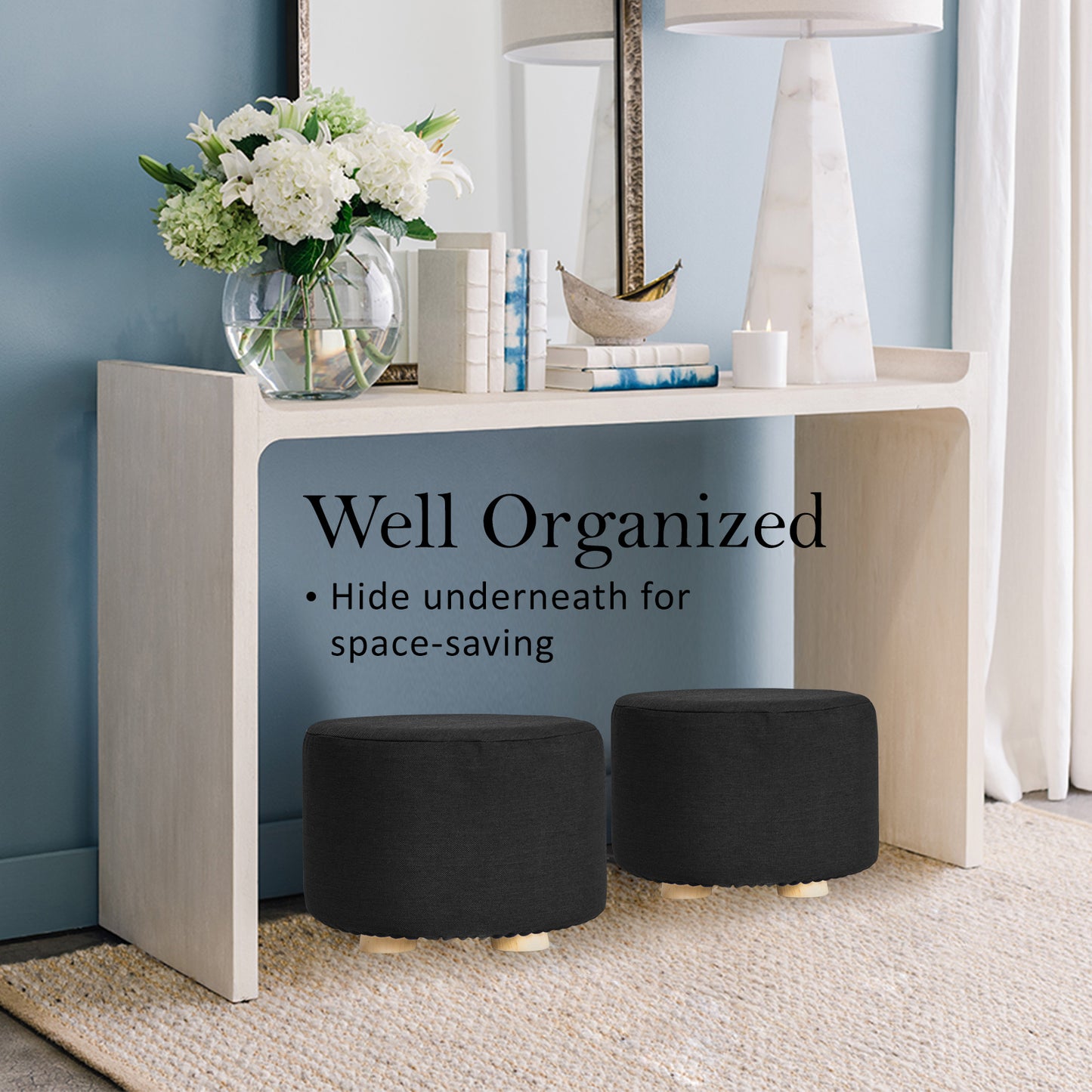 Fabric Ottoman Round Wooden Leg Foot Stool - BLACK - Cosy Abode