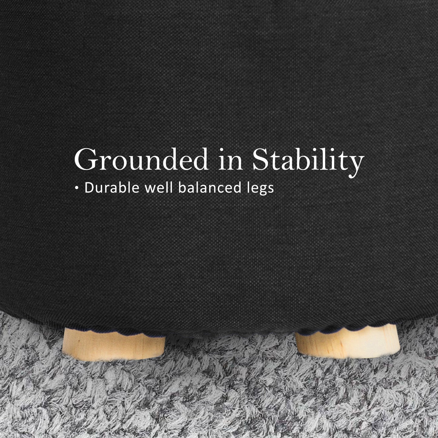 Fabric Ottoman Round Wooden Leg Foot Stool - BLACK - Cosy Abode