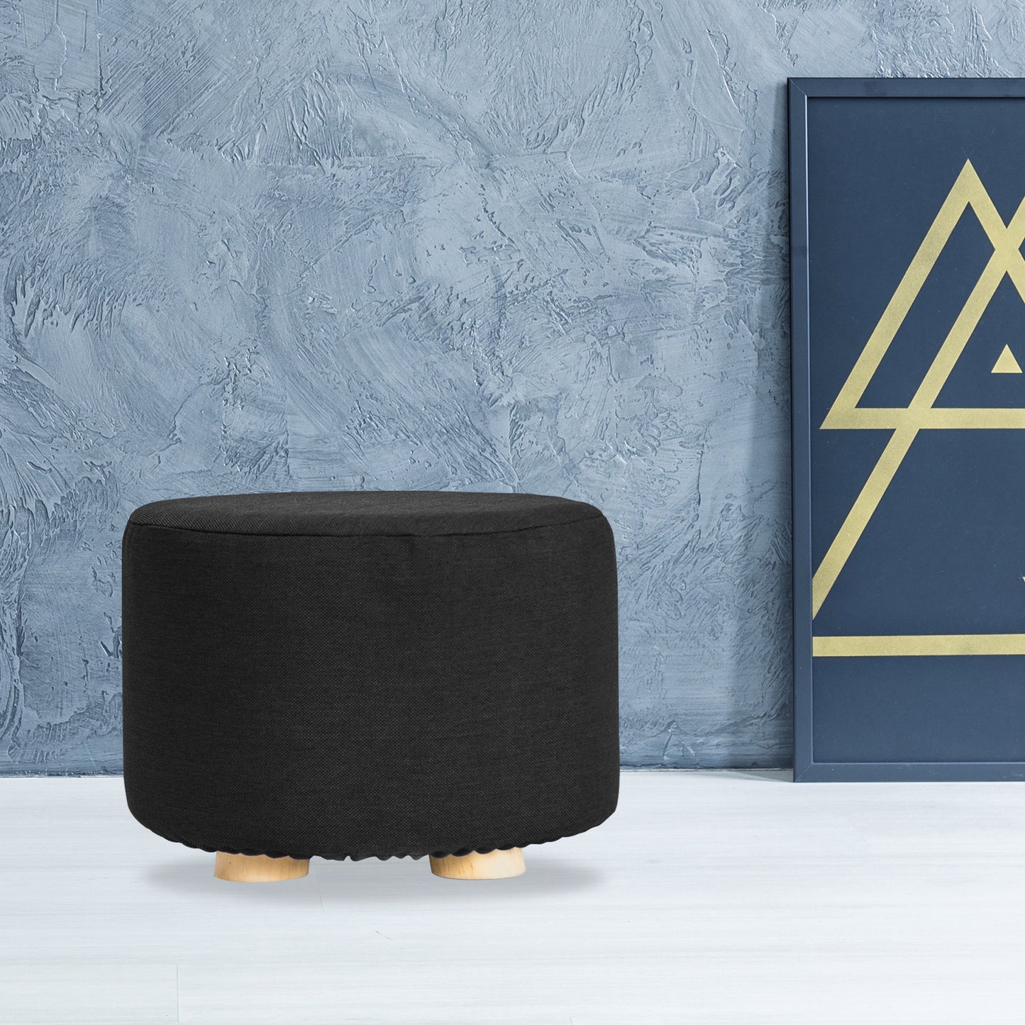 Fabric Ottoman Round Wooden Leg Foot Stool - BLACK - Cosy Abode
