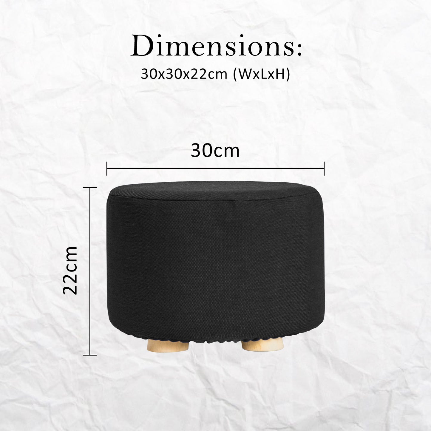 Fabric Ottoman Round Wooden Leg Foot Stool - BLACK - Cosy Abode