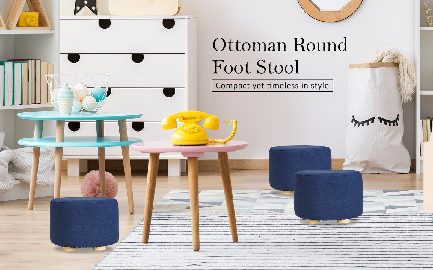 Fabric Ottoman Round Wooden Leg Foot Stool - DARK BLUE - Cosy Abode