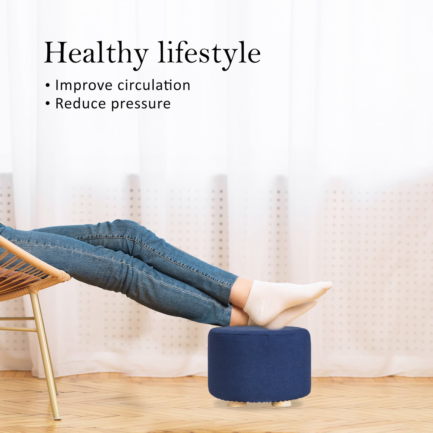 Fabric Ottoman Round Wooden Leg Foot Stool - DARK BLUE - Cosy Abode