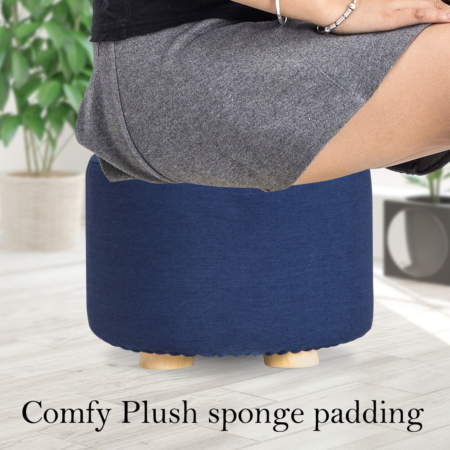 Fabric Ottoman Round Wooden Leg Foot Stool - DARK BLUE - Cosy Abode