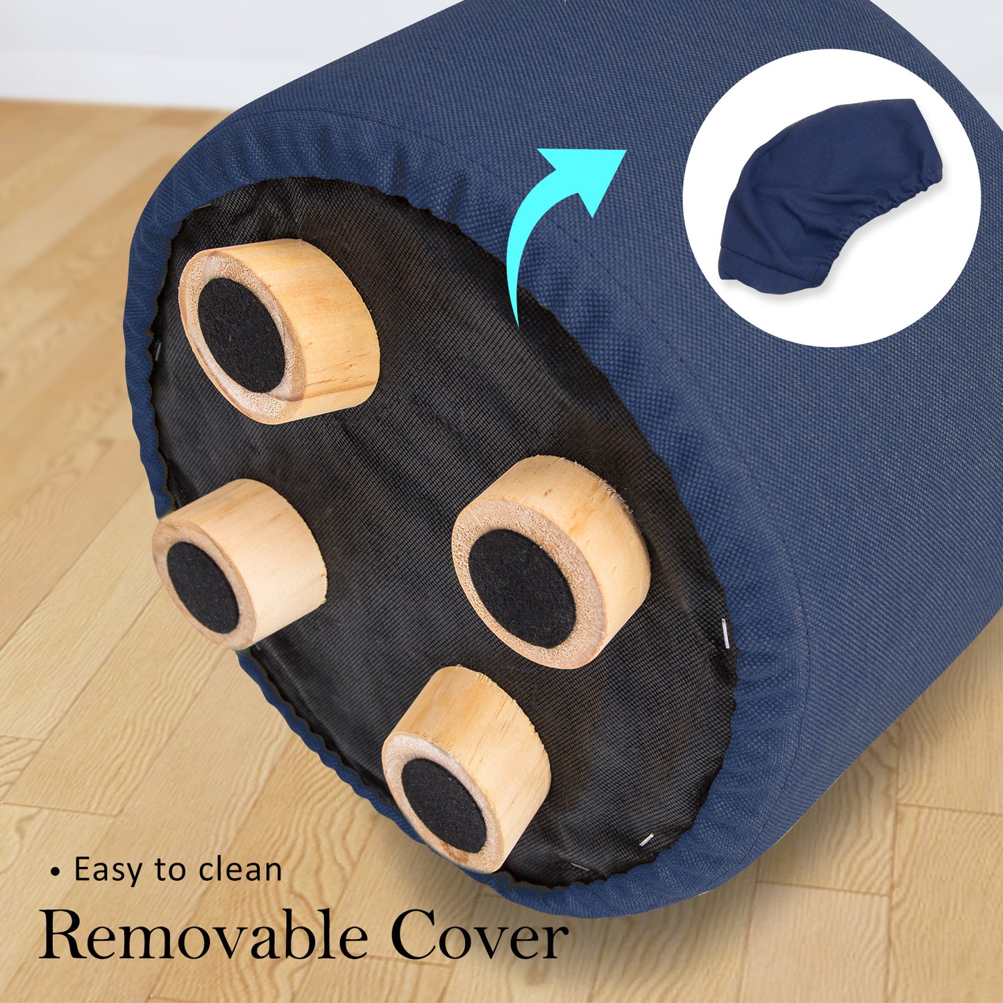 Fabric Ottoman Round Wooden Leg Foot Stool - DARK BLUE - Cosy Abode