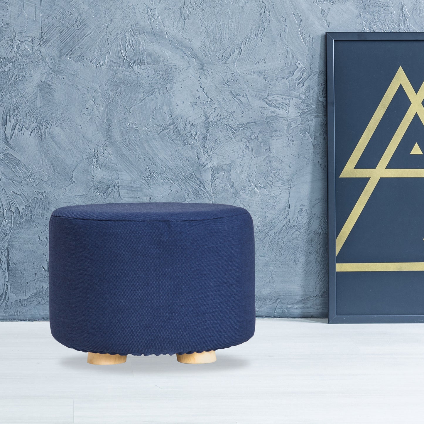 Fabric Ottoman Round Wooden Leg Foot Stool - DARK BLUE - Cosy Abode