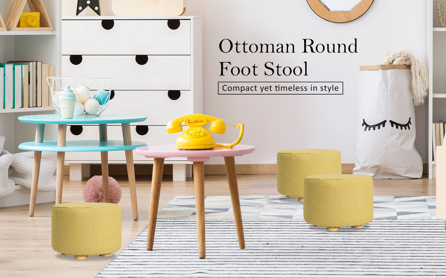 Fabric Ottoman Round Wooden Leg Foot Stool - MUSTARD YELLOW - Cosy Abode