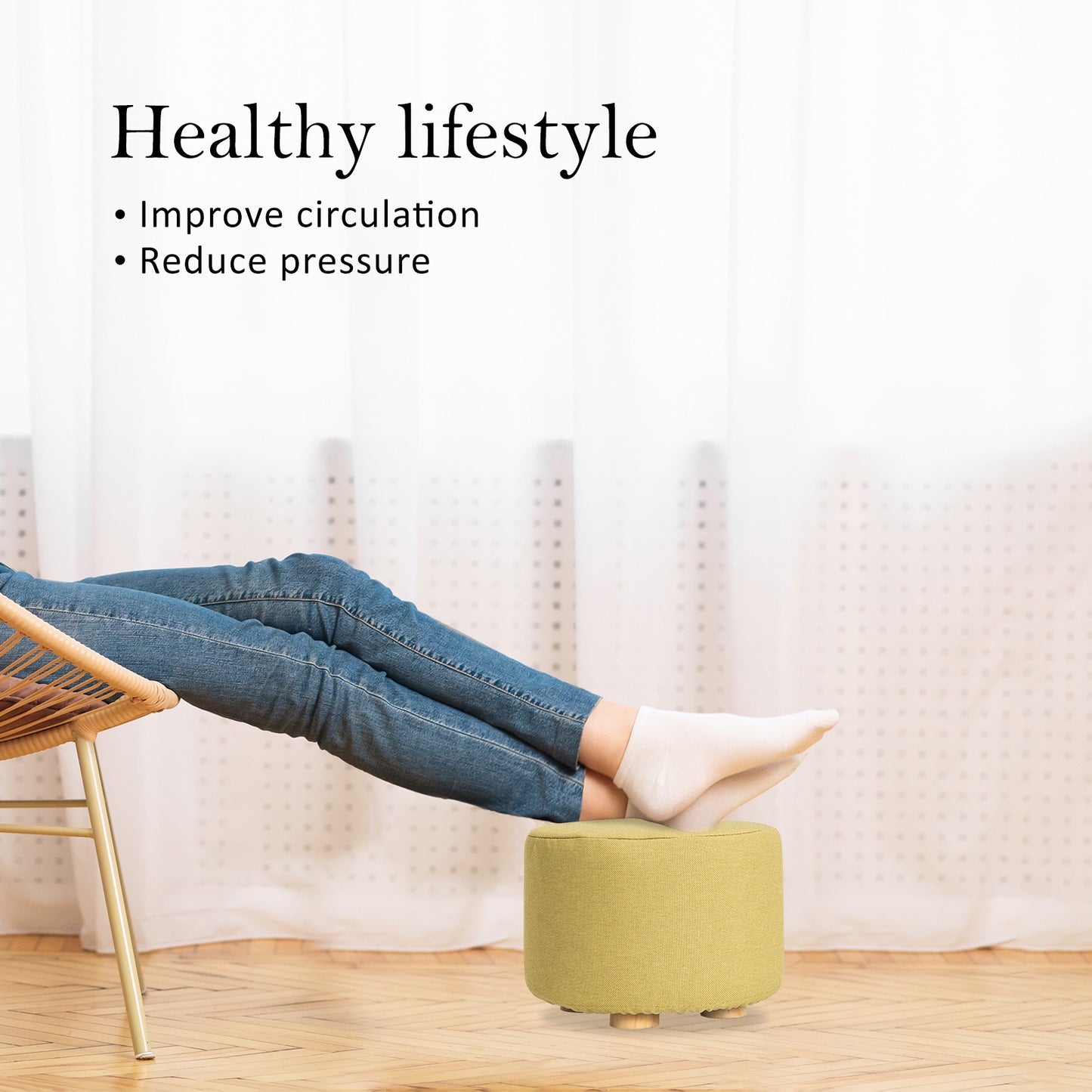 Fabric Ottoman Round Wooden Leg Foot Stool - MUSTARD YELLOW - Cosy Abode
